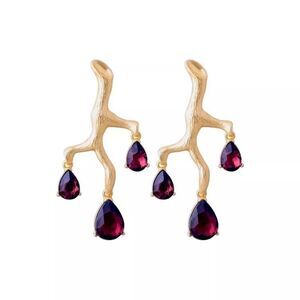 Midnight Red Crystal Tree Branch Matt Gold Statement Dangle Earrings